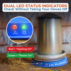 Lil'Clucker close-up of LEDs indicating power and heating for easy monitoring
