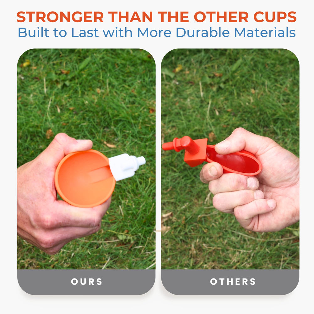 Lil'Clucker orange water cups mounted on 1/2" PVC line showing space-saving plumbing benefit