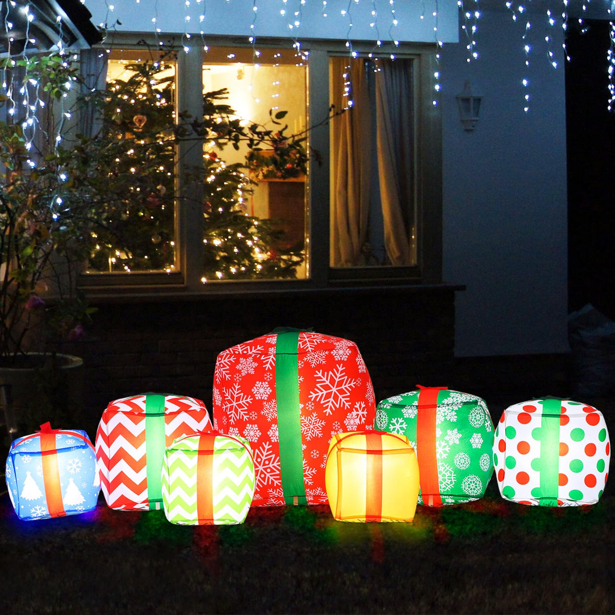 Liliful front view of inflated gift boxes showing festive curb appeal