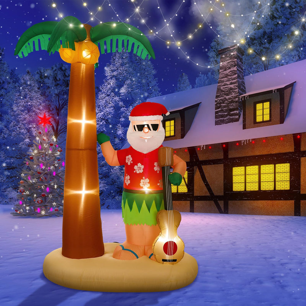Liliful front view of 8ft Hula Santa inflatable showing festive island design and curb appeal