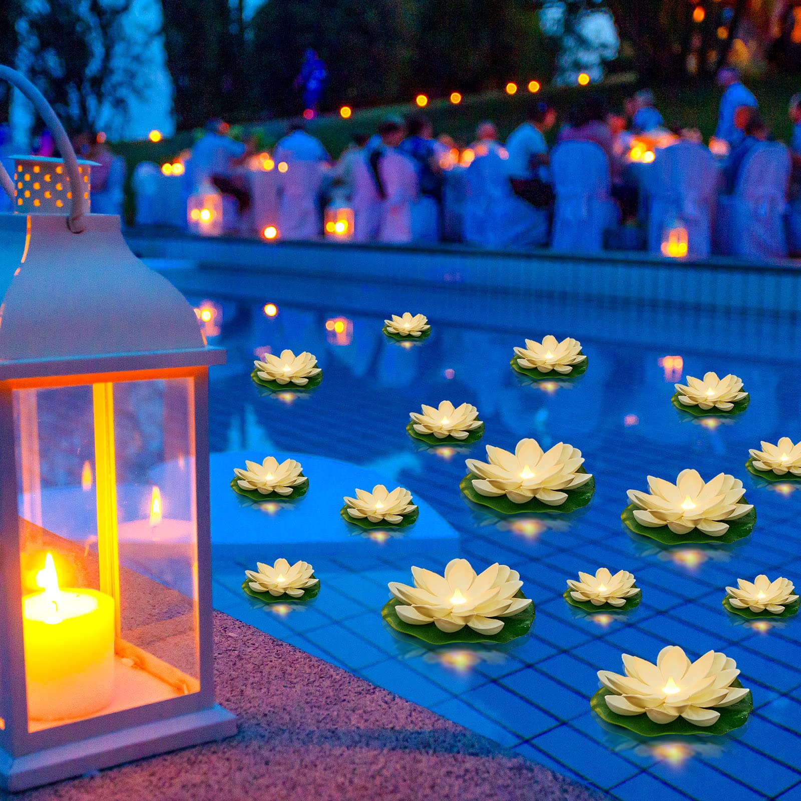Liliful front packaging showing 24 white lotus lanterns and set contents benefits decor