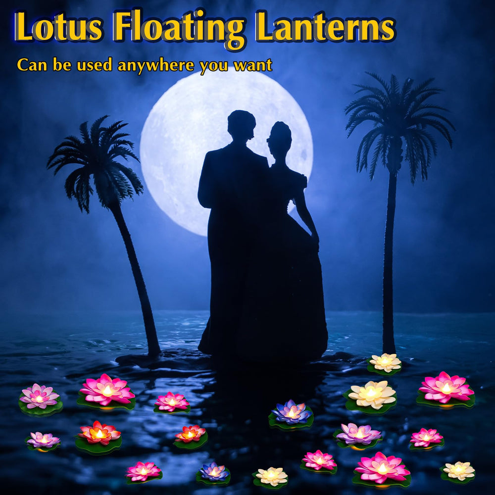 Liliful floating lotus lights glowing on pool at night creating colorful atmosphere
