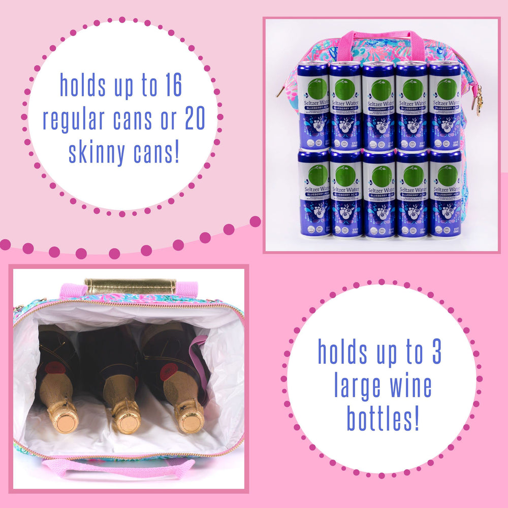 Lilly Pulitzer interior elastic bottle holder securing wine bottle upright — travel stability