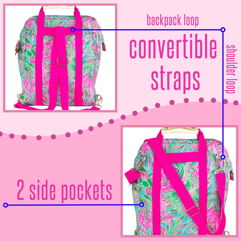Lilly Pulitzer worn as backpack showing convertible straps for hands-free comfort