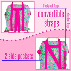 Lilly Pulitzer worn as backpack showing convertible straps for hands-free comfort