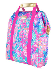 Lilly Pulitzer front view showing Splendor in the Sand print and gold logo — stylish and functional