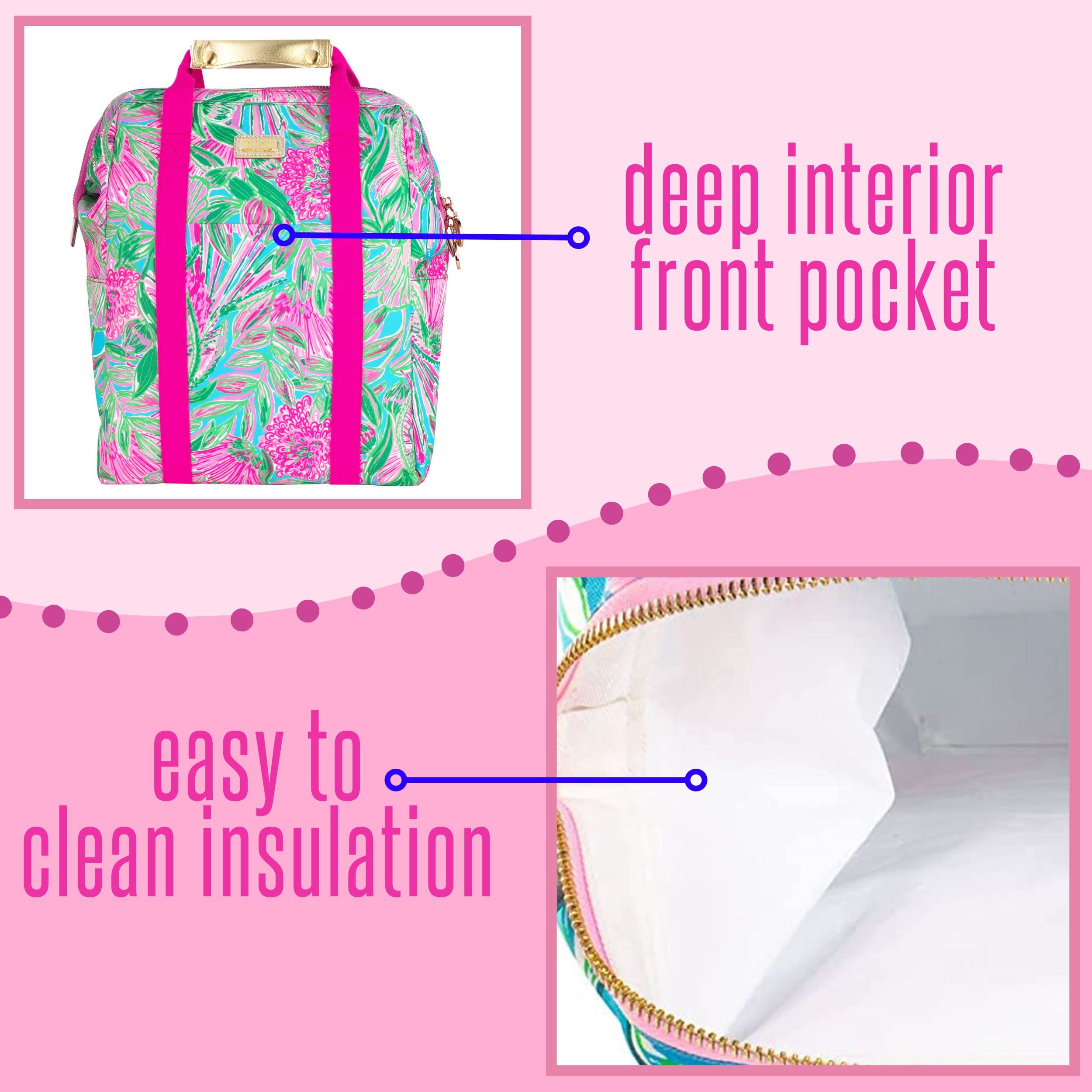Lilly Pulitzer cooler at beach scene showing stylish transport and chilled food