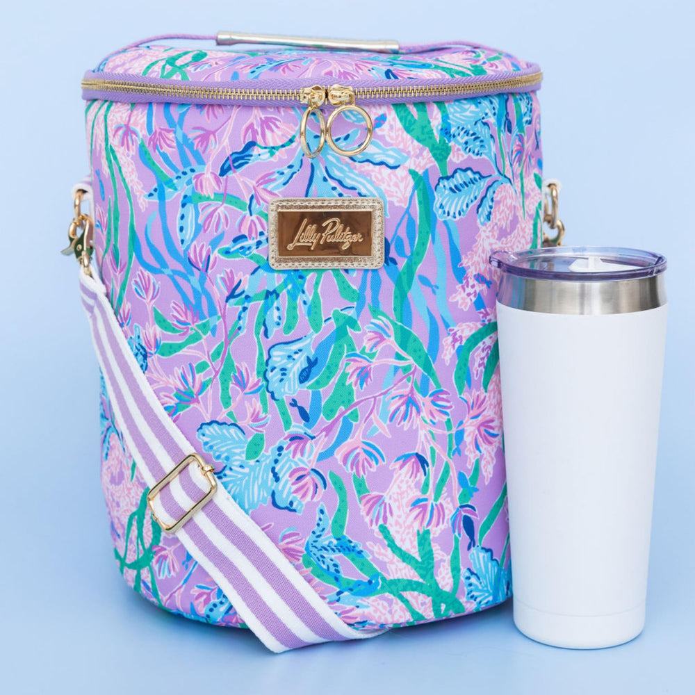 Lilly Pulitzer cooler in use at the beach displaying portability and picnic convenience