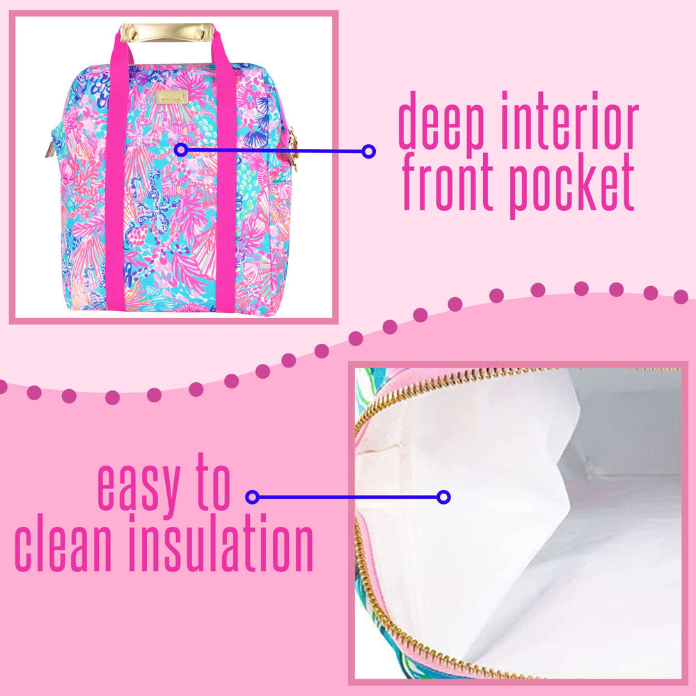 Lilly Pulitzer cooler in beach setting with picnic items — fashionable outdoor convenience