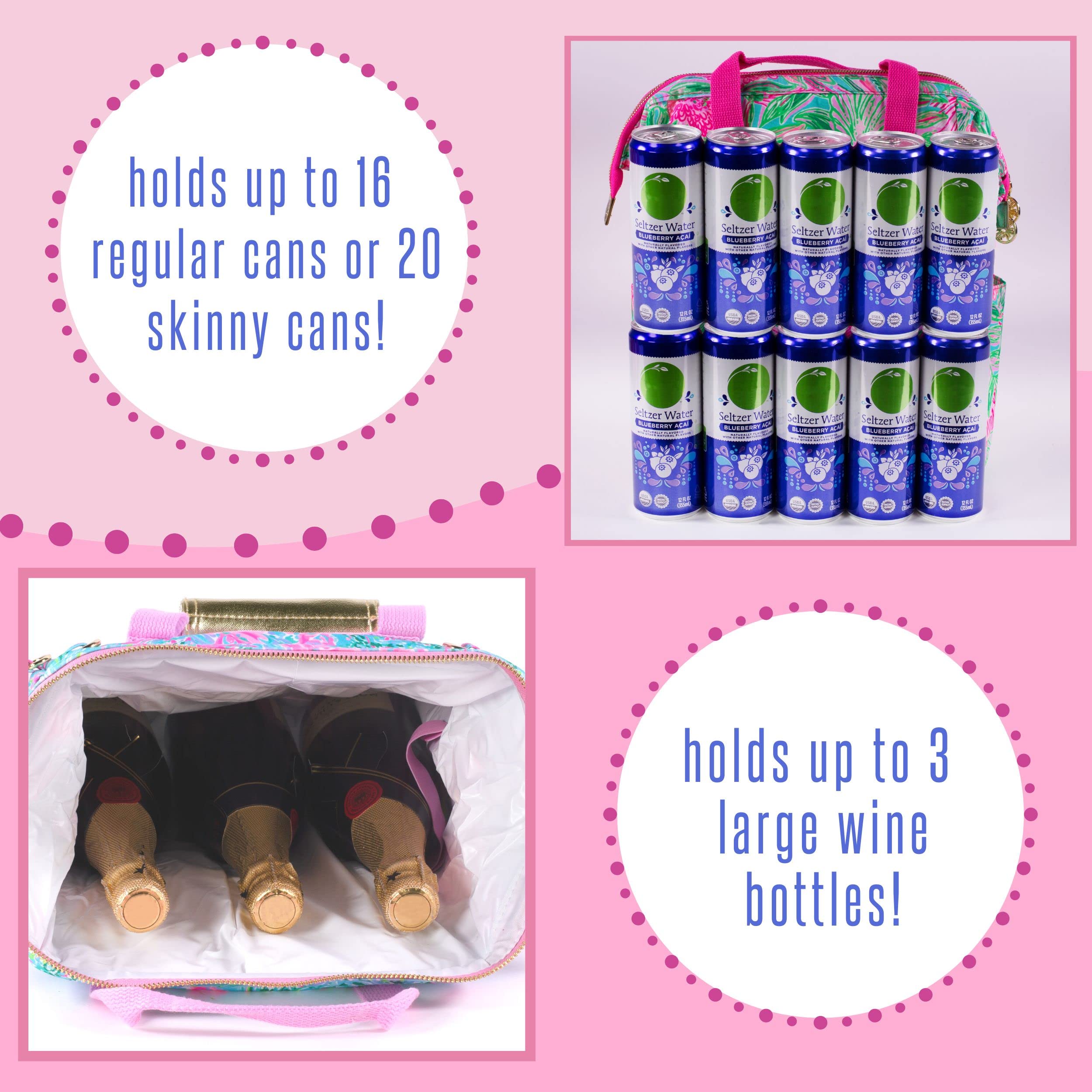 Lilly Pulitzer side profile featuring metallic plaque and durable canvas benefit