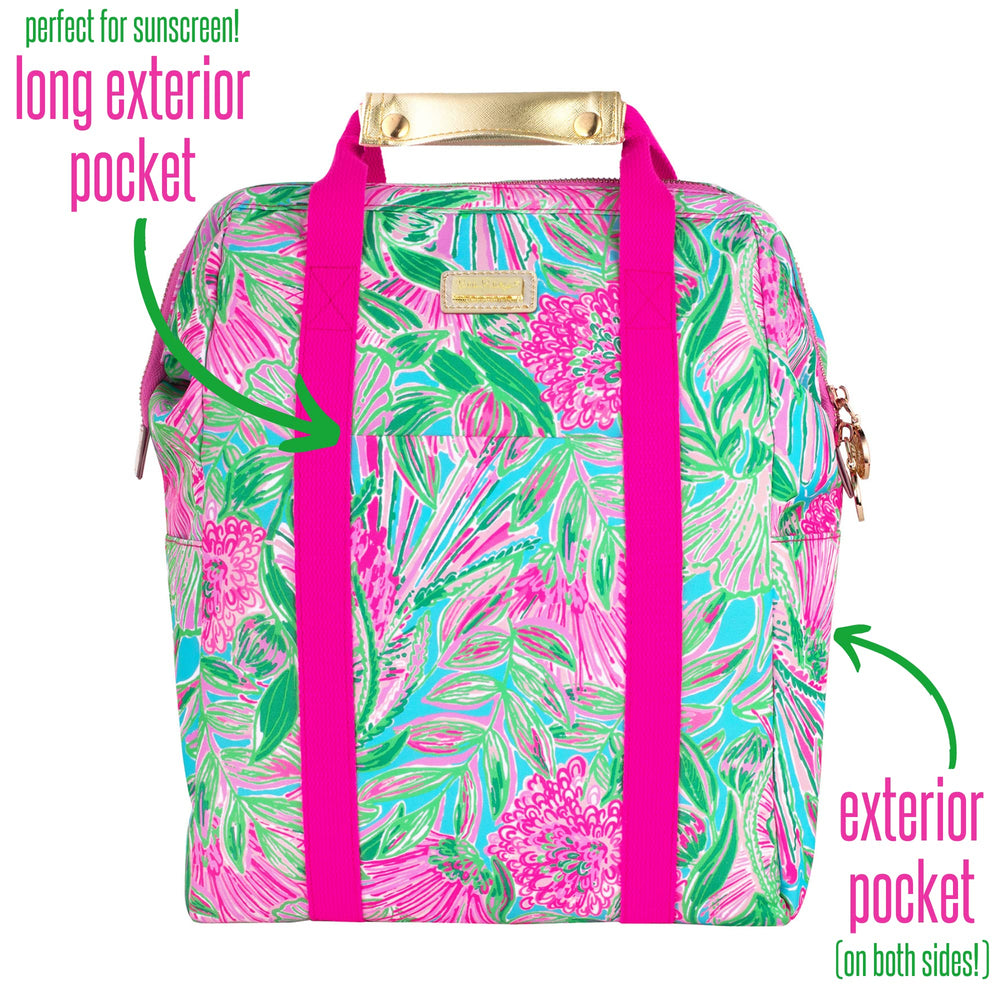 Lilly Pulitzer beside water bottle showing scale and roomy capacity benefit