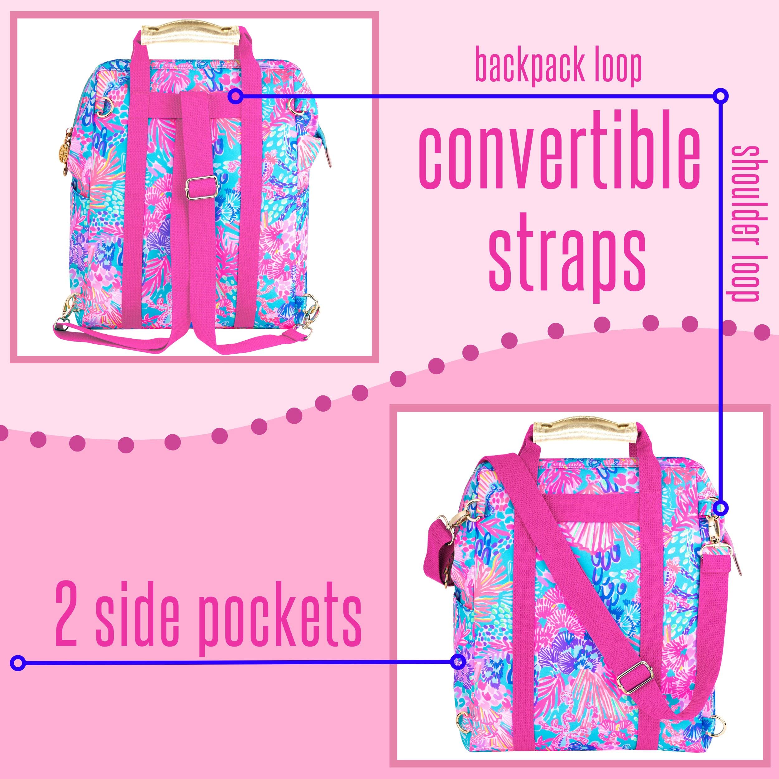 Lilly Pulitzer convertible straps worn as backpack — hands-free comfort and adjustability
