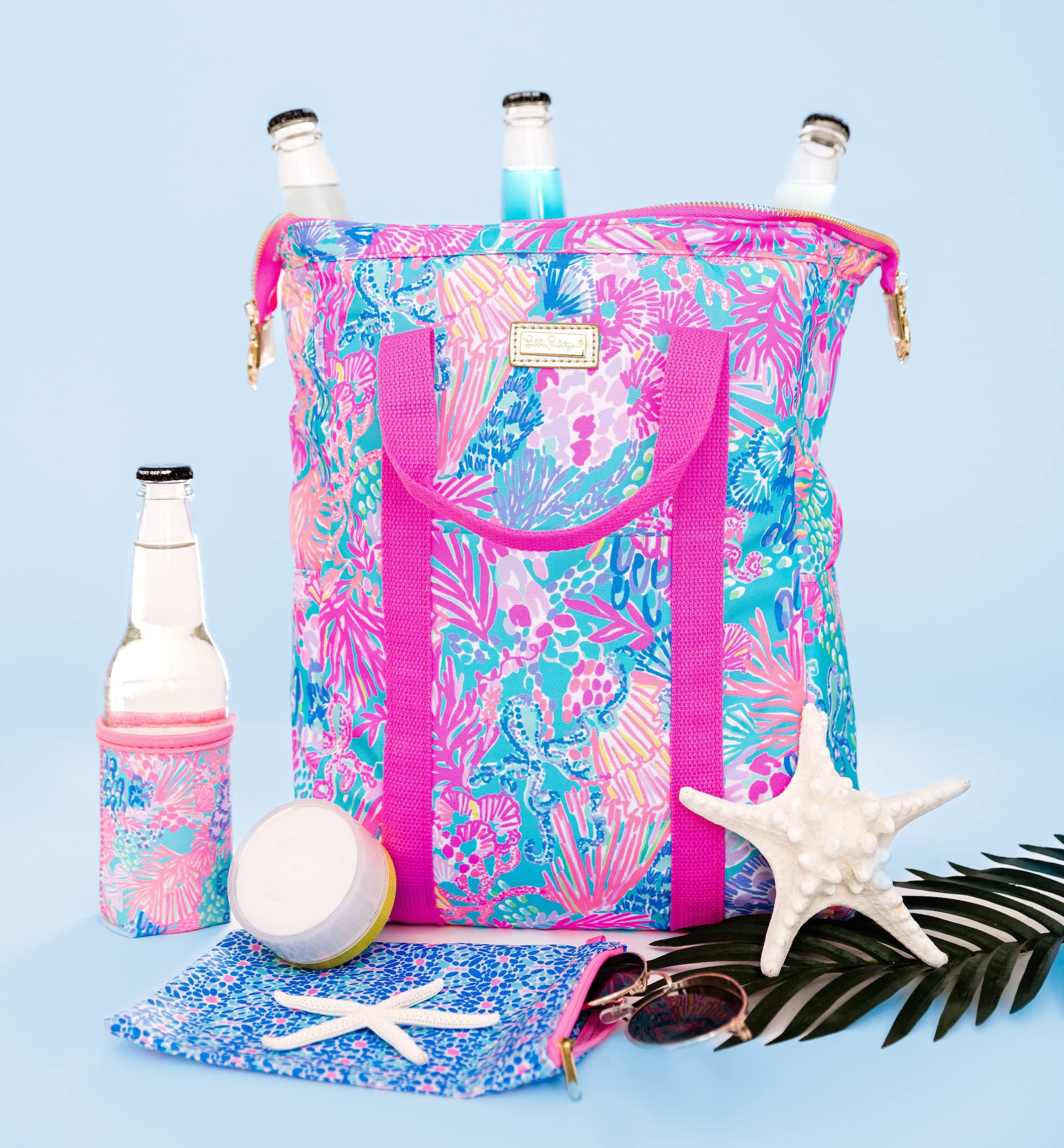 Lilly Pulitzer cooler with wired opening open and packed — easy loading and access