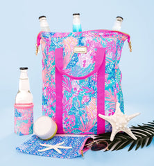 Lilly Pulitzer cooler with wired opening open and packed — easy loading and access