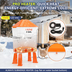 Lilyang waterer placed in a coop with chickens drinking benefit: uninterrupted access to liquid water