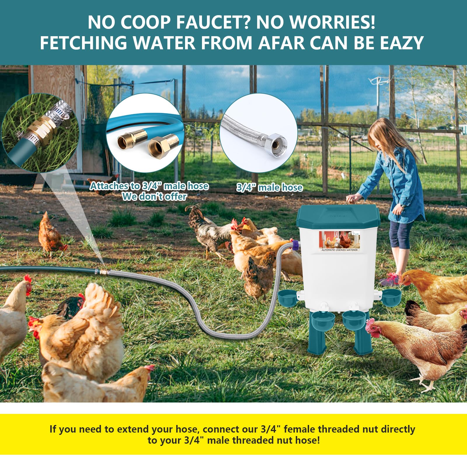 Lilyang waterer beside a hen showing scale and accessibility for birds