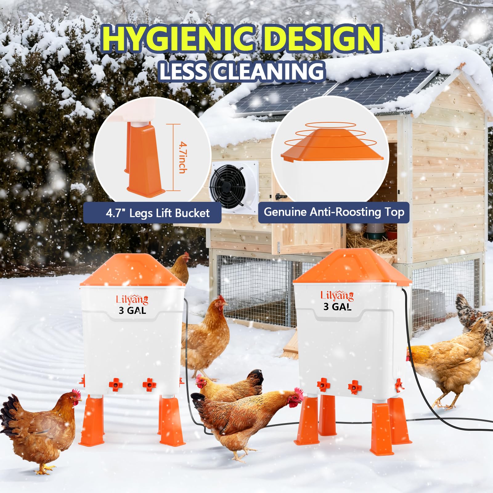 Lilyang waterer shown on legs and hanging to illustrate flexible setup benefit: fits varied coop layouts