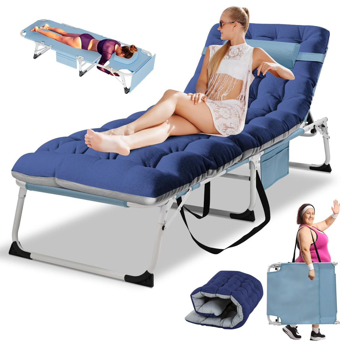 LILYPELLE front view of folding chaise lounge showing full pad for comfortable lounging