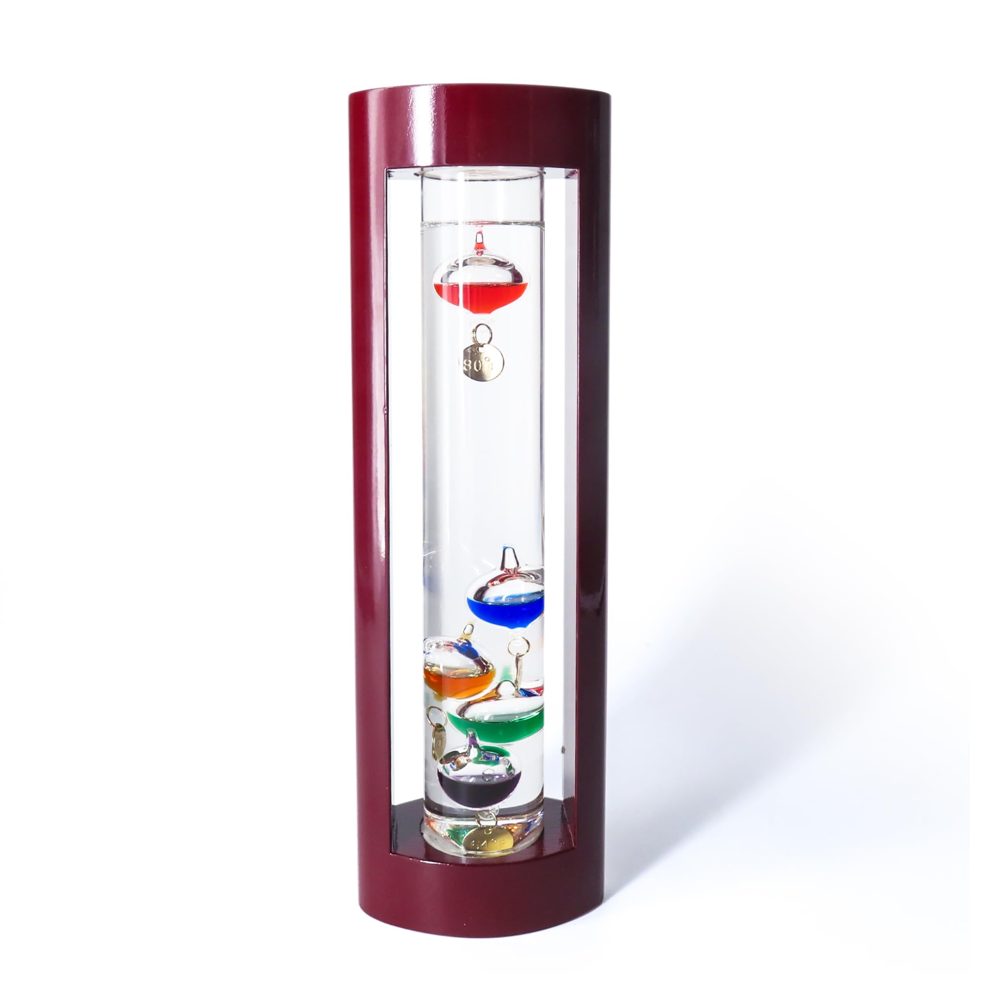Lily's Home front view of Galileo thermometer showing colorful floats and accurate reading benefit