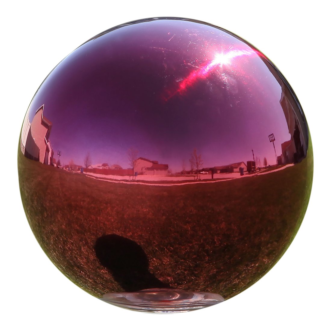 Lily's Home front view red stainless gazing globe showing vibrant reflection benefits