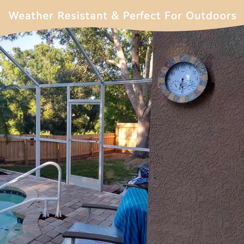 Lily's Home clock hung on patio wall adding style and outdoor functionality