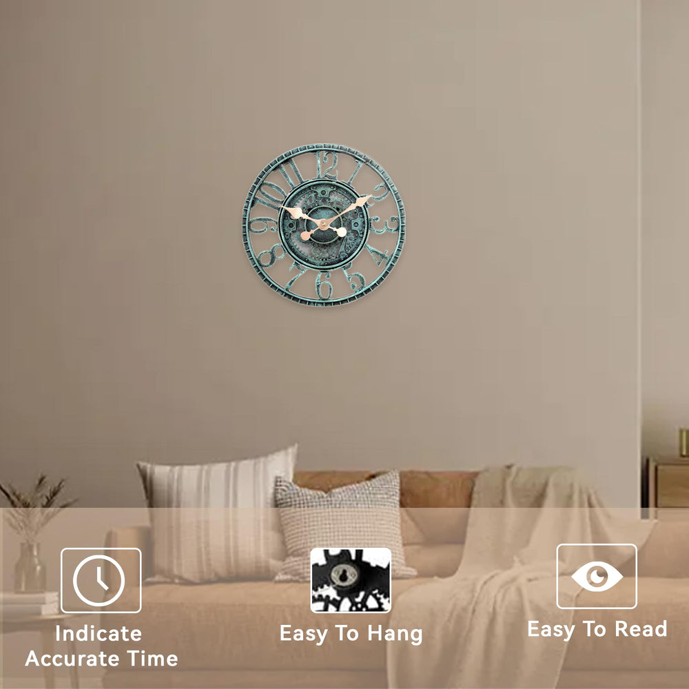 Lily's Home clock above mantel in living room, adds industrial charm and focal interest