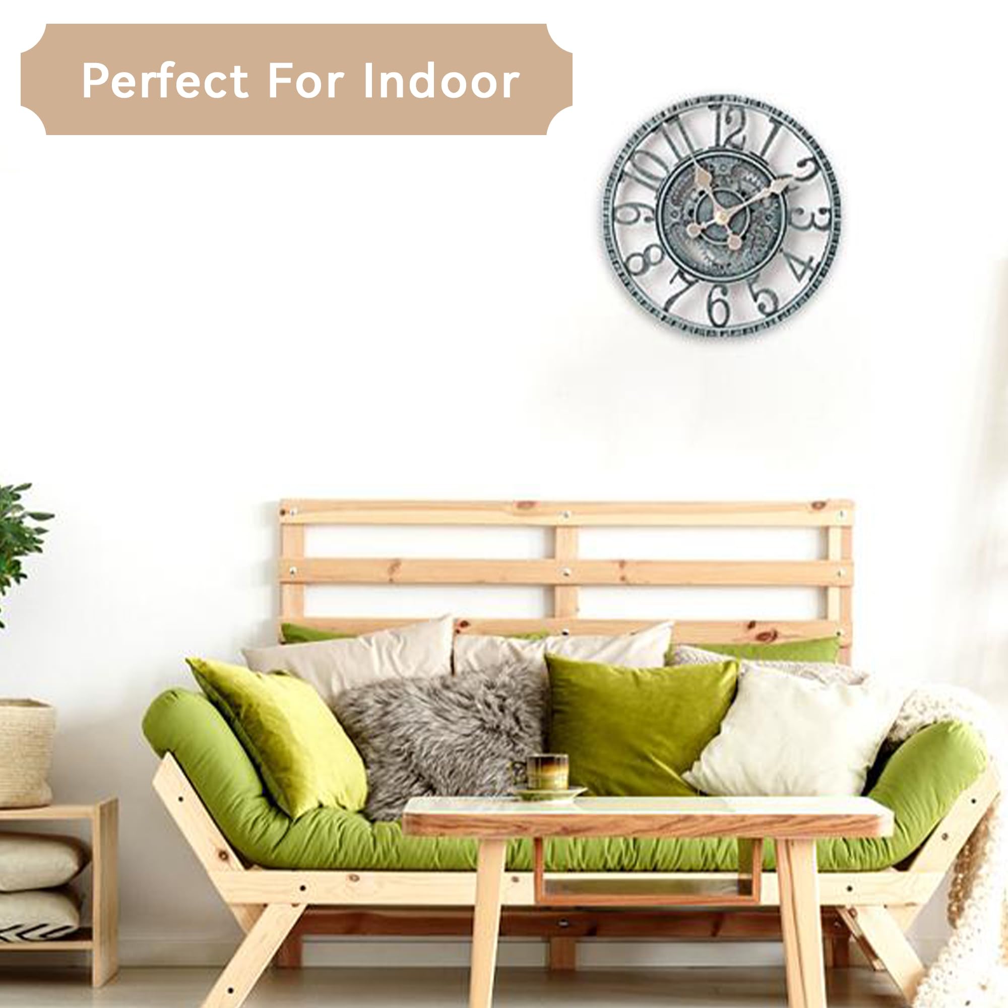 Lily's Home clock hung on patio wall, durable outdoors and stylish seating accent