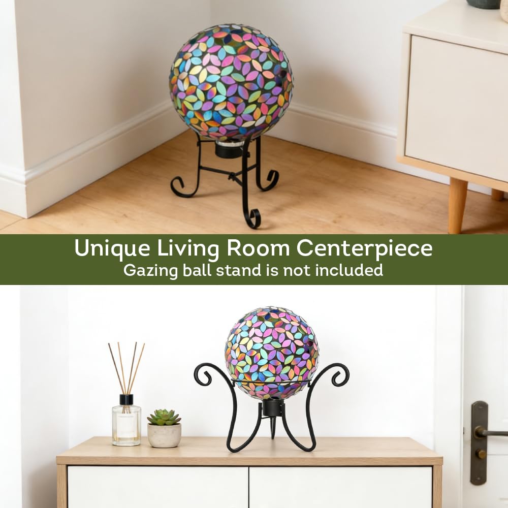 Lily's Home gazing ball styled on a table adding indoor color