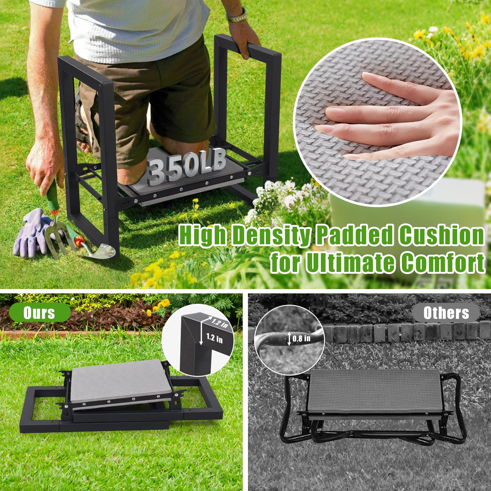 Lilyvane in use with gardener kneeling to reduce knee strain benefit