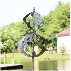 LimeHill front view of silver spherality wind spinner shows striking outdoor focal point