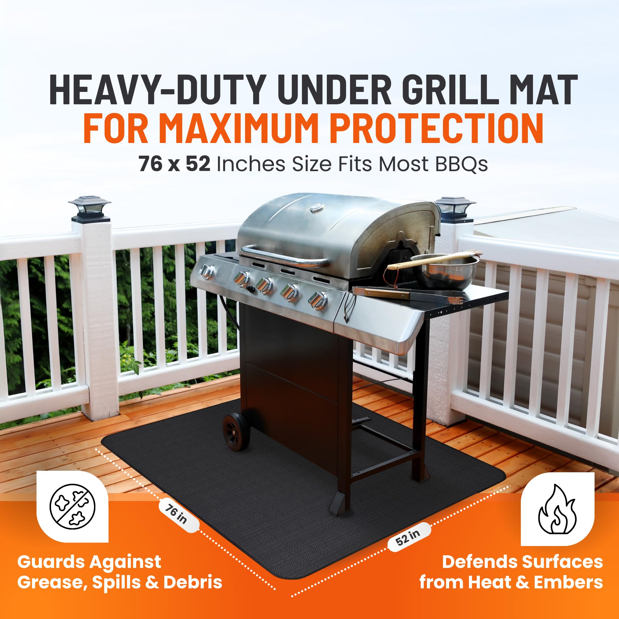 Linda's Essentials mat in use under a charcoal grill catching drips and embers