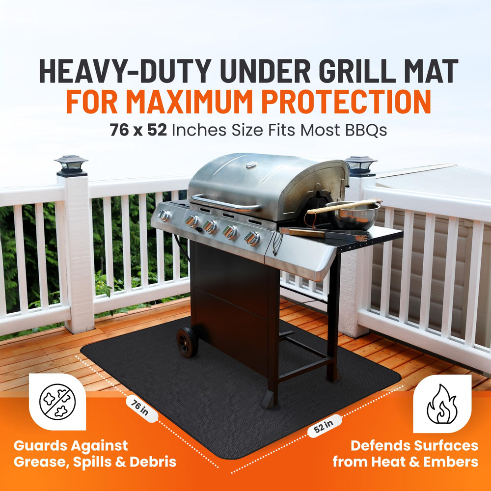 Linda's Essentials mat in use under a charcoal grill catching drips and embers
