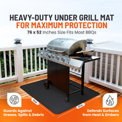 Linda's Essentials mat in use under a charcoal grill catching drips and embers