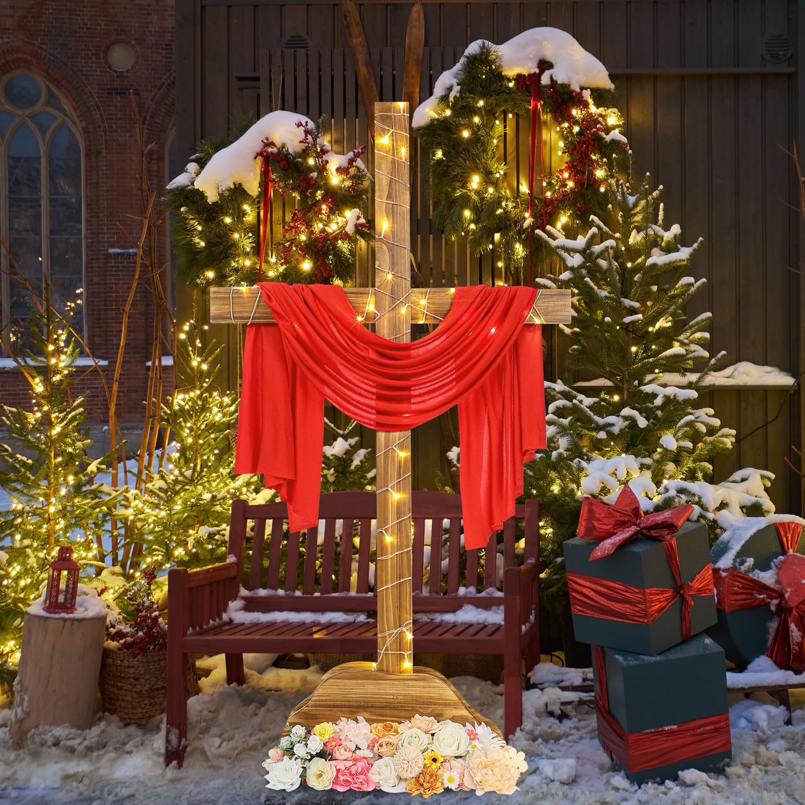 Lineshading decorated cross at a wedding showing customization potential and elegant setting