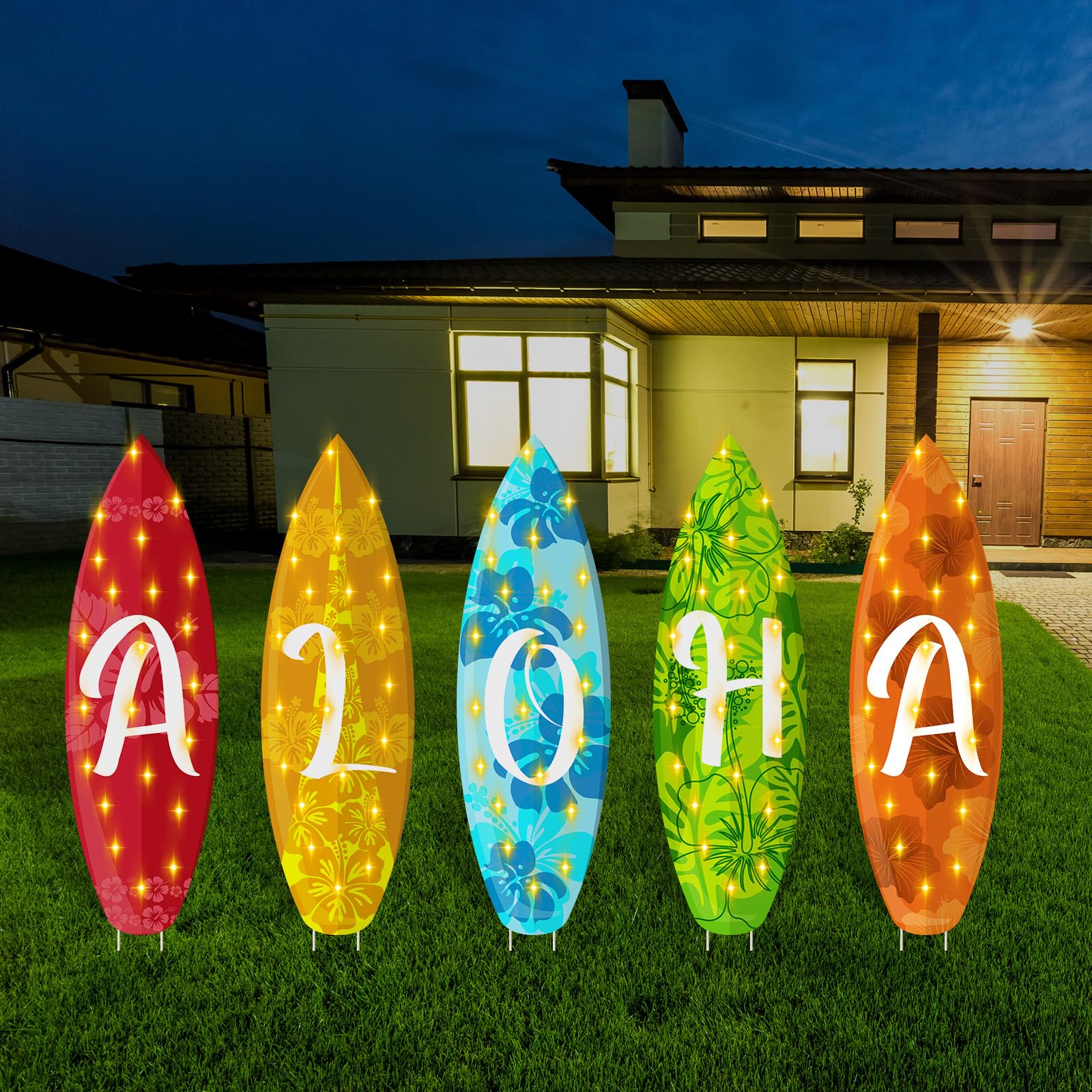 Lineshading front view of five Aloha surfboard signs showing bright design and letters