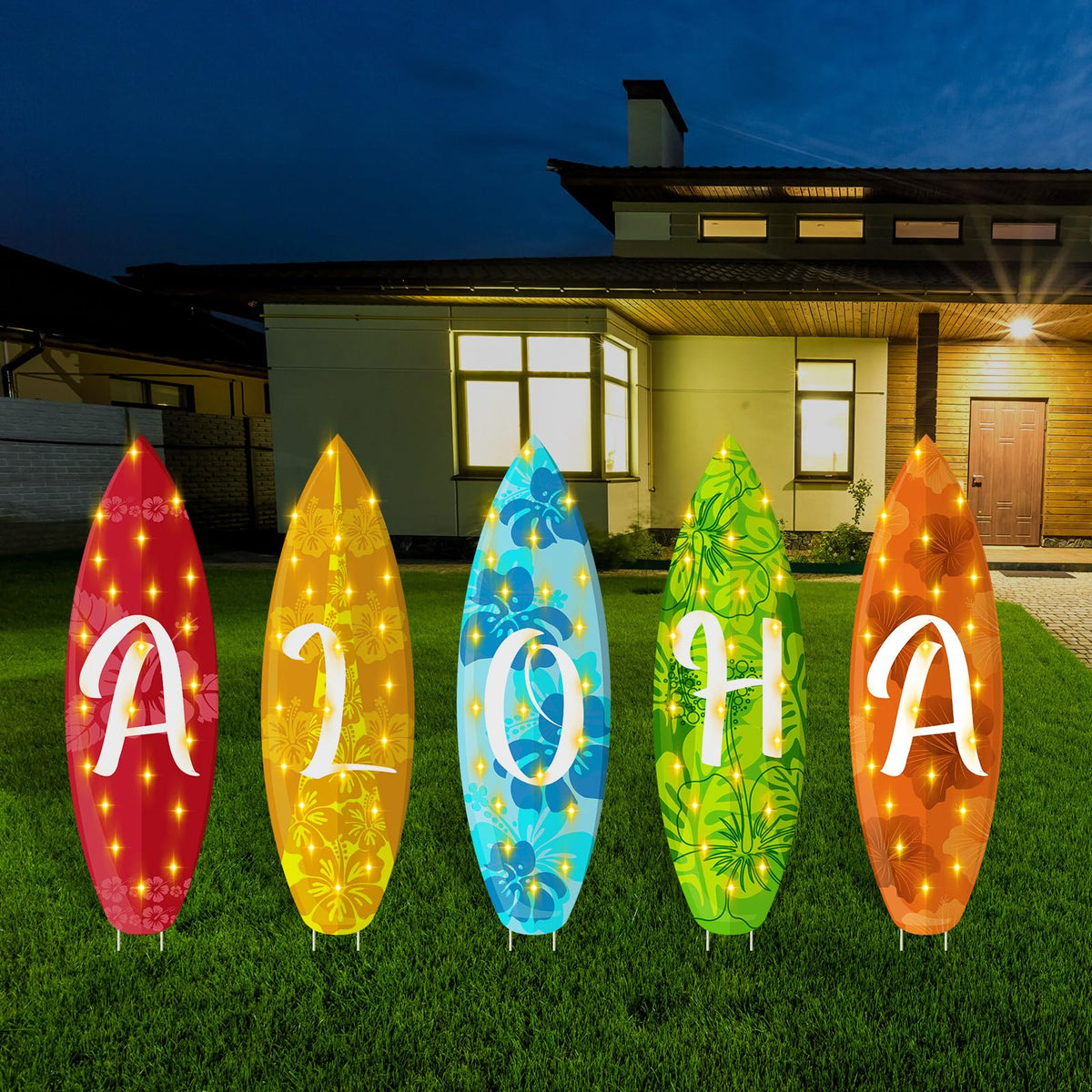 Lineshading front view of five Aloha surfboard signs showing bright design and letters