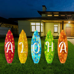 Lineshading front view of five Aloha surfboard signs showing bright design and letters
