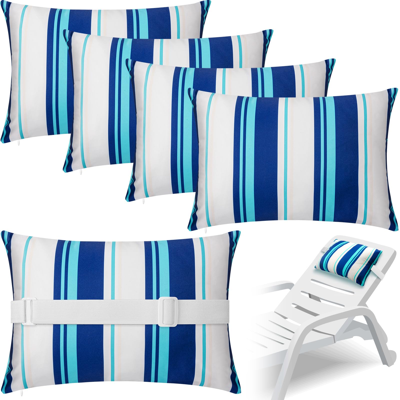 Lineshading front view of four blue stripe pillows showing packaging and pattern benefit
