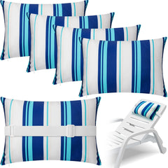 Lineshading front view of four blue stripe pillows showing packaging and pattern benefit