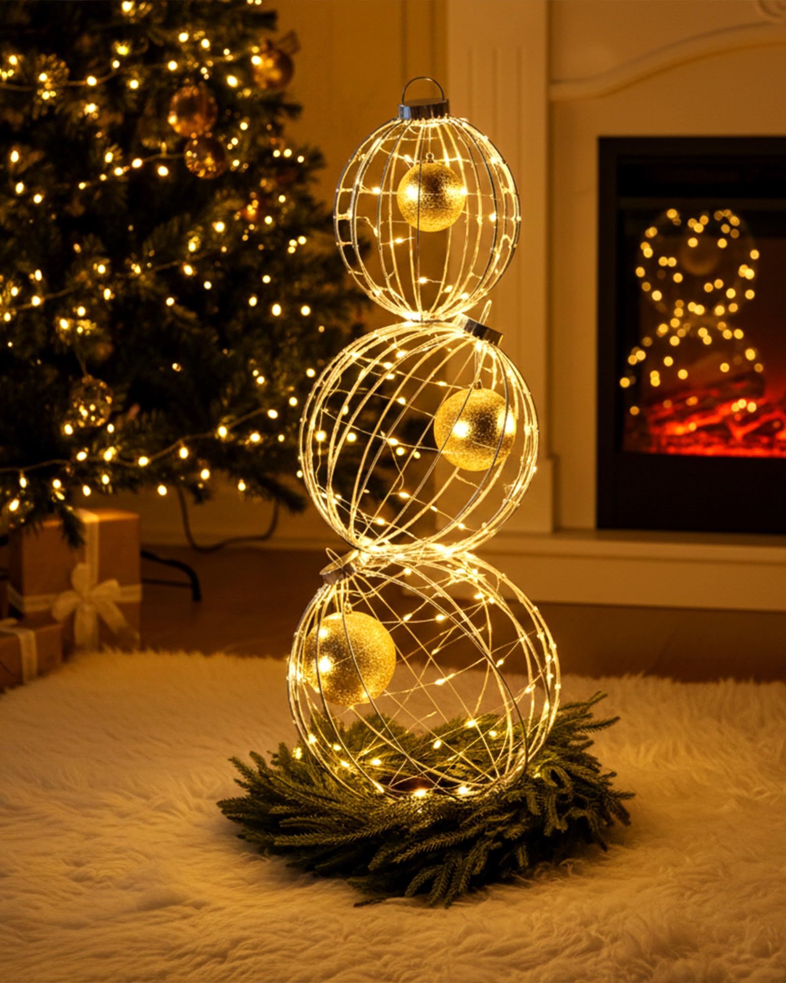 Lineshading front view of three gold LED spheres highlighting festive curb appeal
