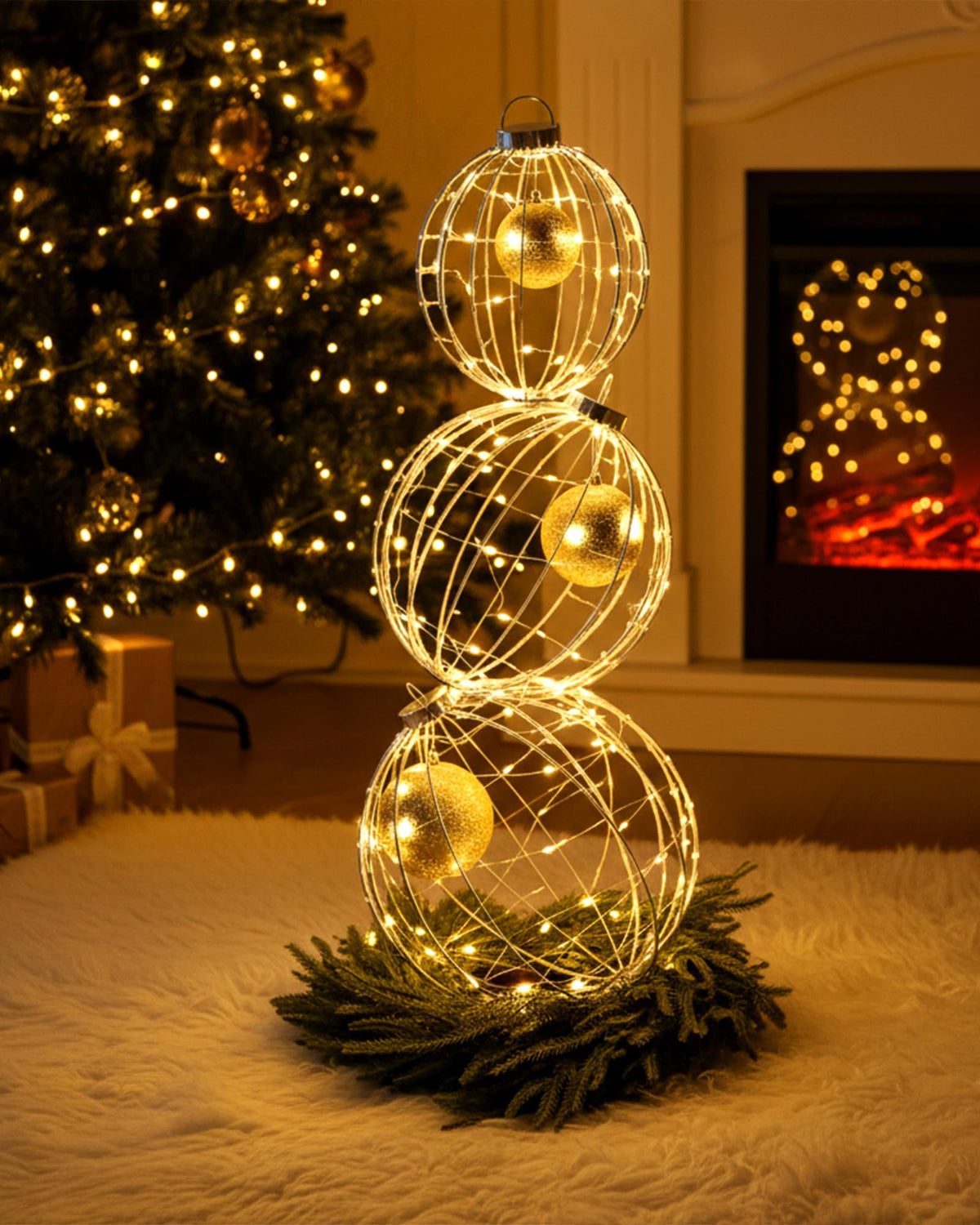 Lineshading front view of three gold LED spheres highlighting festive curb appeal