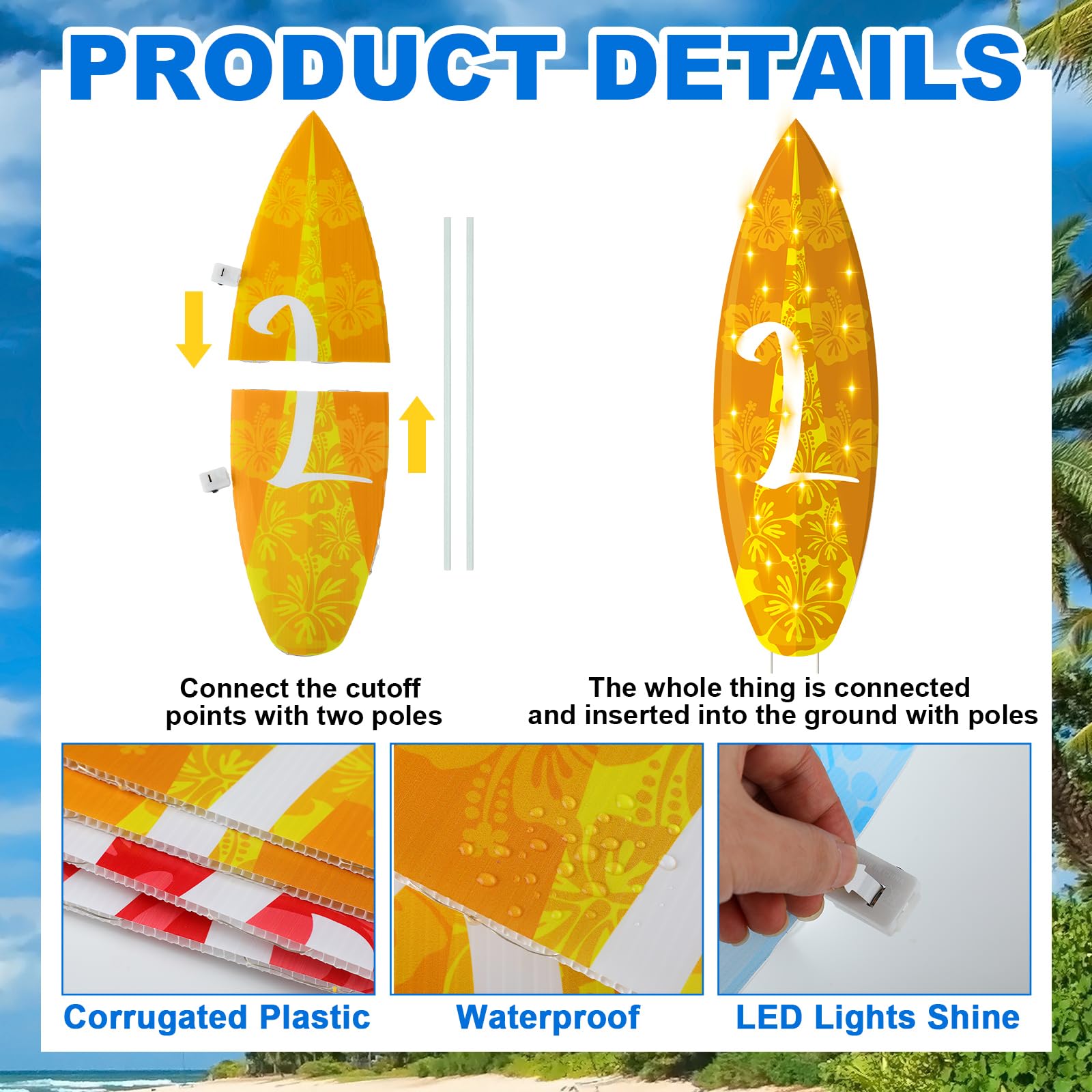 Lineshading LED-lit surfboard signs glowing along garden path for welcoming ambiance