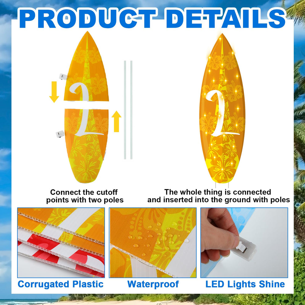 Lineshading LED-lit surfboard signs glowing along garden path for welcoming ambiance
