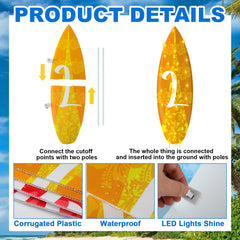 Lineshading LED-lit surfboard signs glowing along garden path for welcoming ambiance