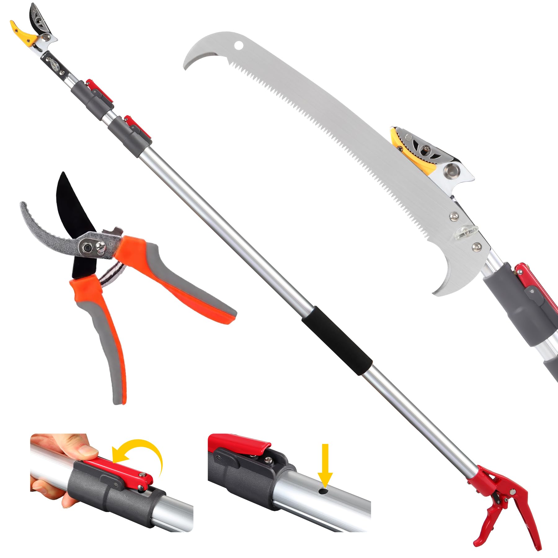 Lineslife front view of complete telescoping pole saw showing tool set and benefits