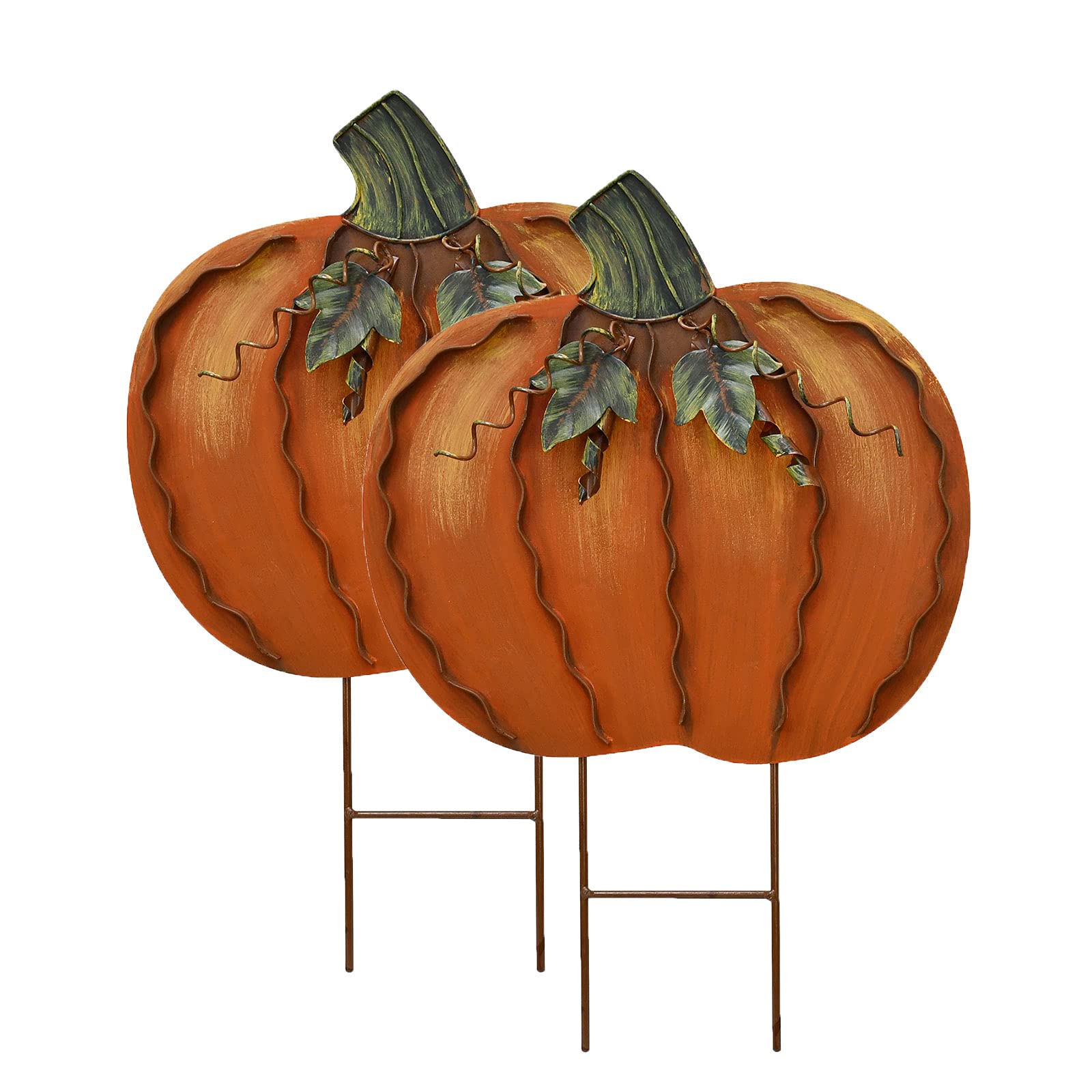 Linfevisi metal pumpkin front view showing bold orange finish and curb appeal