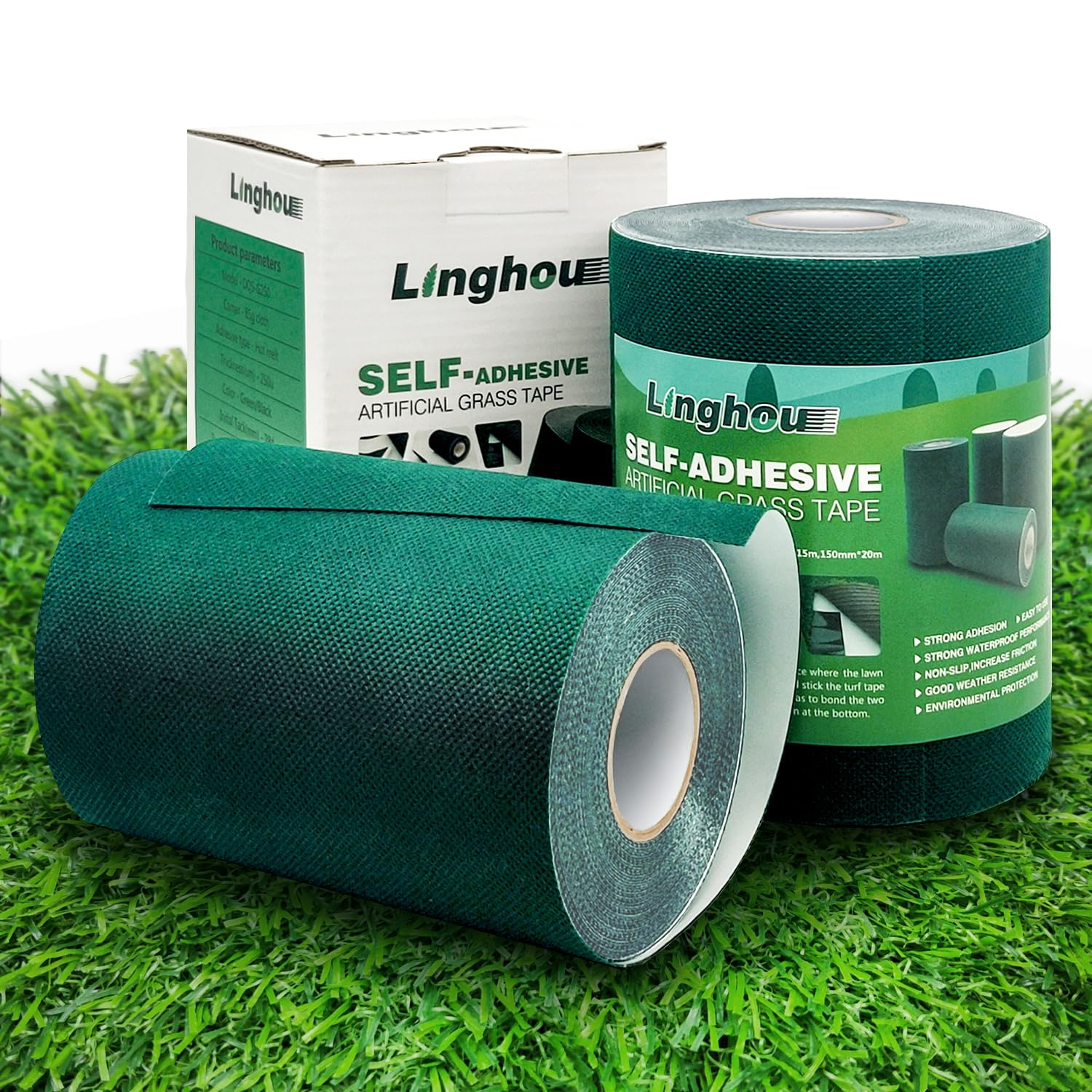 Linghou front packaging of seam tape showing dimensions and benefits