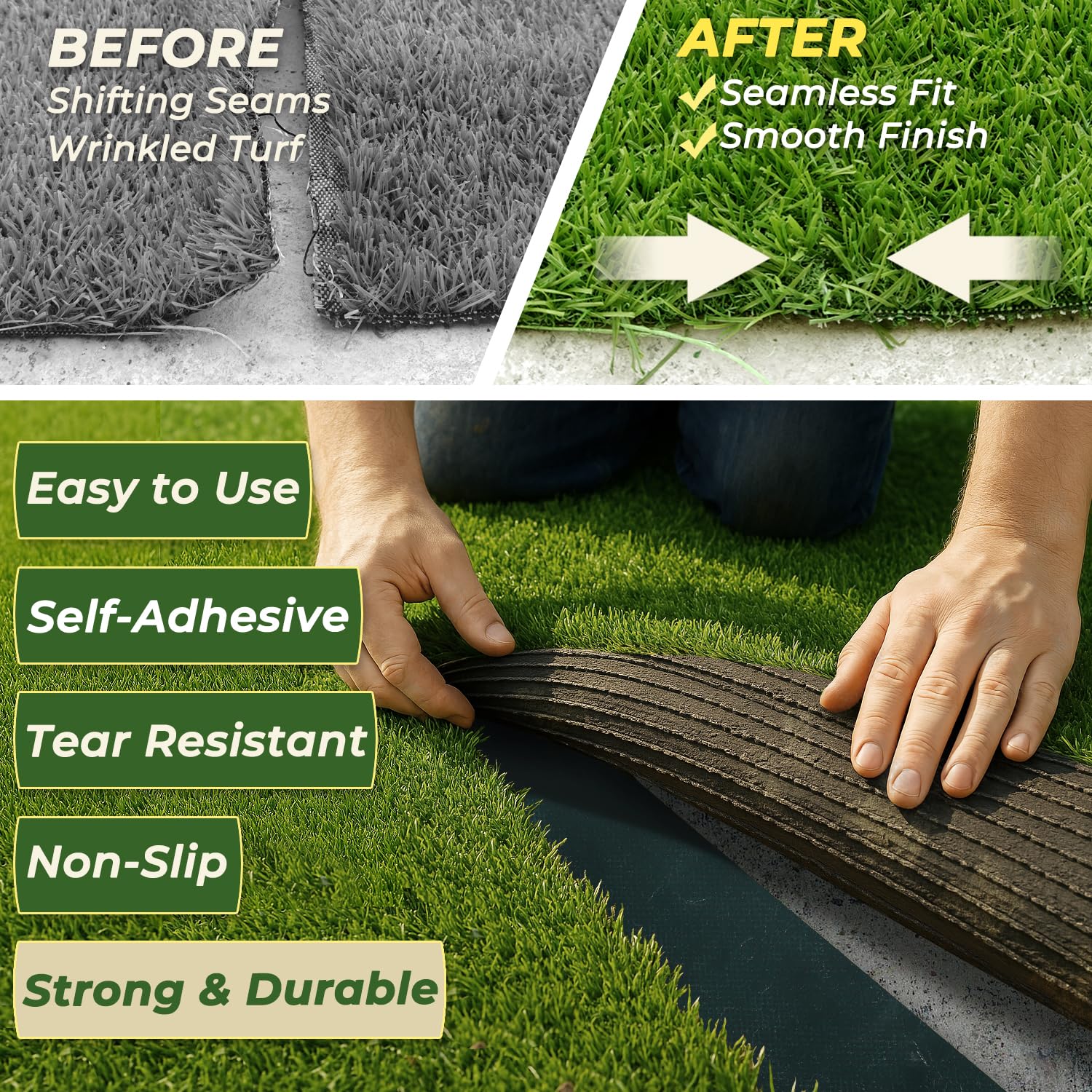 Linghou tape in use joining artificial grass showing quick peel-and-stick benefit