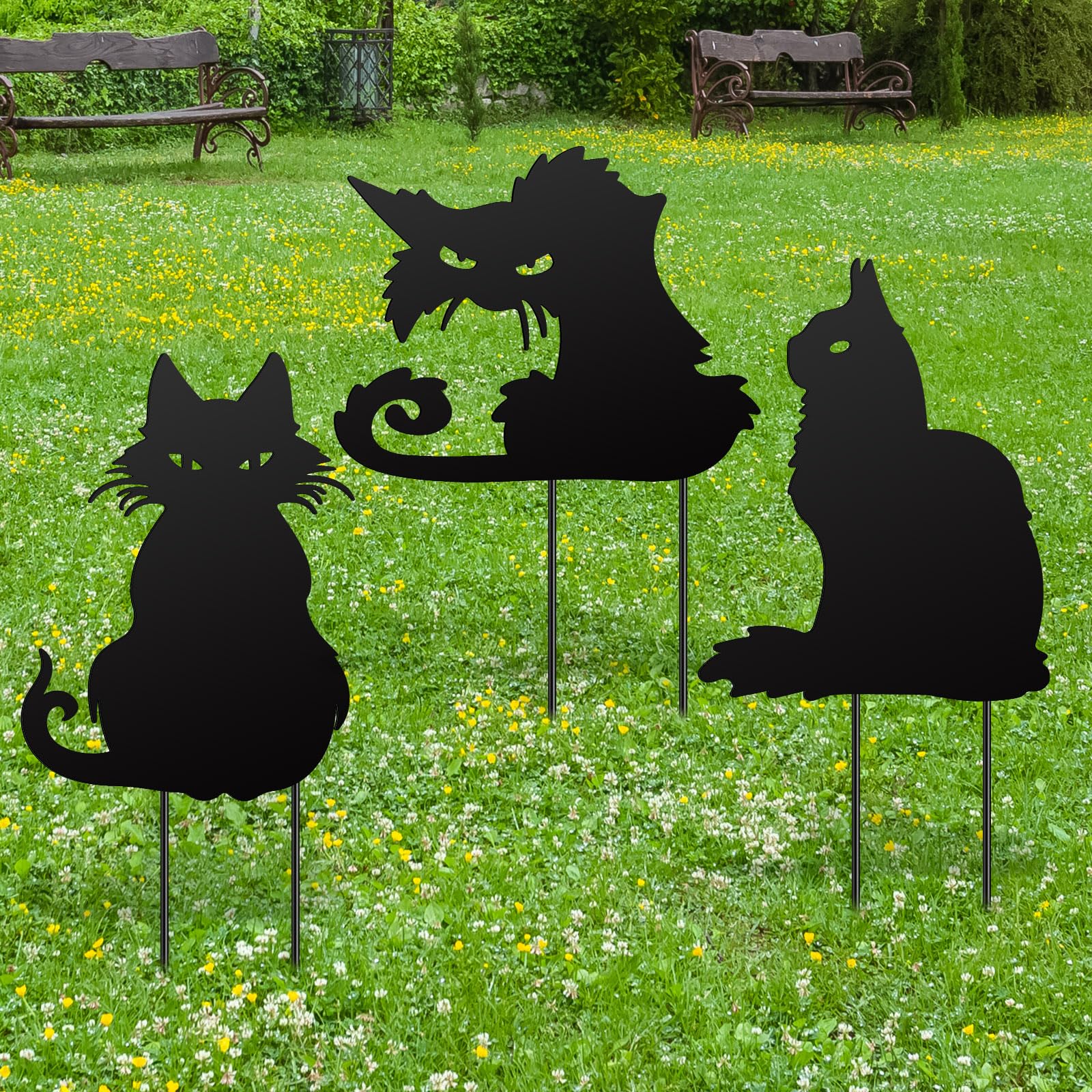 Lingvee front view of three black cat stakes showing Halloween curb appeal