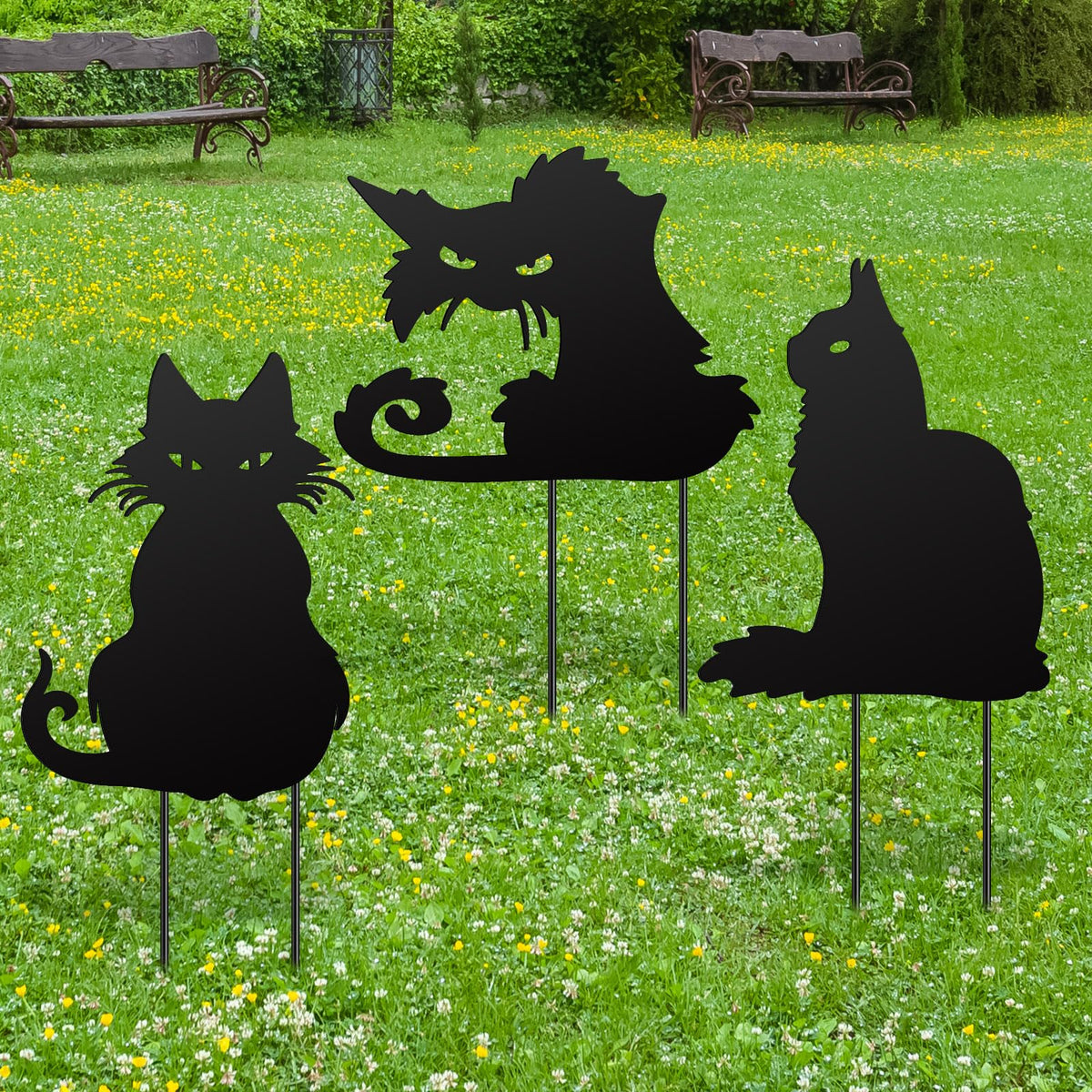 Lingvee front view of three black cat stakes showing Halloween curb appeal